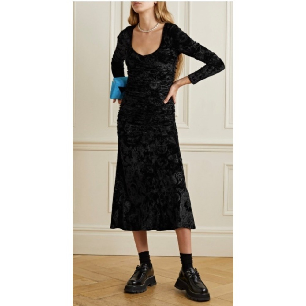 Ganni Ruched Black Paisley Velvet Jacquard Midi Dress Size 44 US 12 NWT
